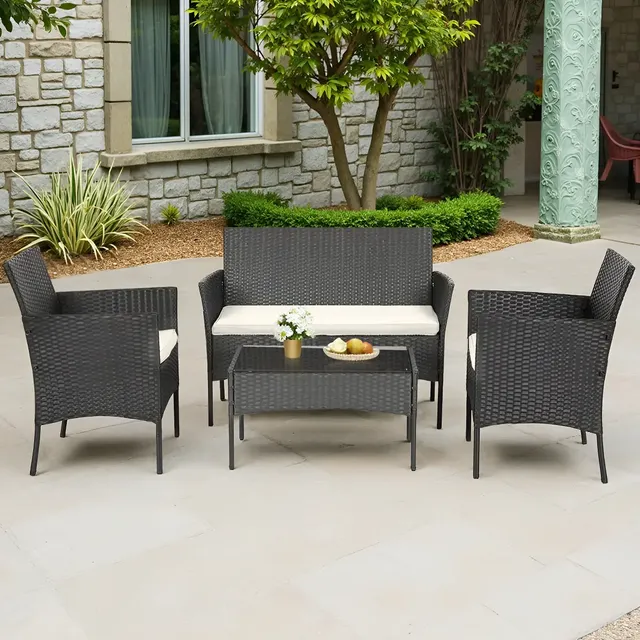 Juego De Mesa Cuadrada + 3 Sillones Sunfield / Set / Acero Inoxidable Y Ratan / Mesa Con Vidrio 40x77x42cm / Almohadones Funda Extraible / Resistente Al Agua / Jardin Pileta Exterior / Color Negro