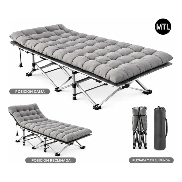 Catre Cama Plegable Mtl Camping Reforzado Portátil Estructura Acero Resistente Colchón Acolchado Bolsa Transporte Senderismo Pesca Exterior Alta Resistencia Soporte Pesado Diseño Compacto Gris